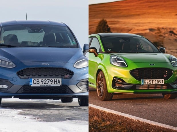 A blue Fiesta ST on the left, driving in the snow, and a green Ford Puma driving on a barren road with a dry terrain